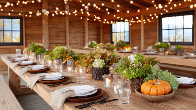 Elegant autumn table setting features rustic wooden tables adorned with vibrant floral arrangements, candles, and pumpkins, creating warm atmosphere perfect for Christmas gathering