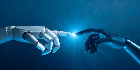 Two robotic hands reaching out and touching fingertips with glowing blue light