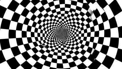 Black and white checkerboard pattern spiraling inward, creating an optical illusion of depth and movement