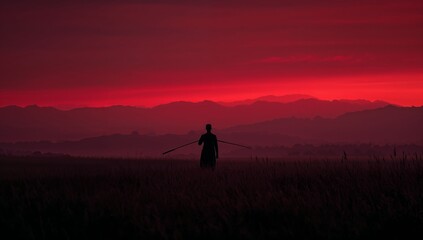 Fototapeta premium Lone figure walks through a golden wheat field at fiery sunset with layered mountains creating a dramatic, breathtaking silhouette for a powerful, inspiring scene.