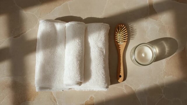 Clean white towels and a wooden hairbrush next to a lit candle, casting soft shadows