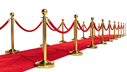 Red Carpet Event: A radiant red carpet, bordered by gleaming golden stanchions and elegant red ropes, beckons with an air of exclusivity and anticipation.