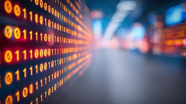 Binary Code Data Stream: A captivating display of binary code, representing the digital language of our modern world, streams dynamically across the image.