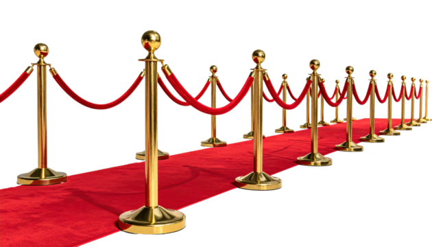 Red Carpet Event: A radiant red carpet, bordered by gleaming golden stanchions and elegant red ropes, beckons with an air of exclusivity and anticipation.