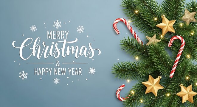 Festive christmas greeting with fir branches candy canes stars and twinkling lights on blue background