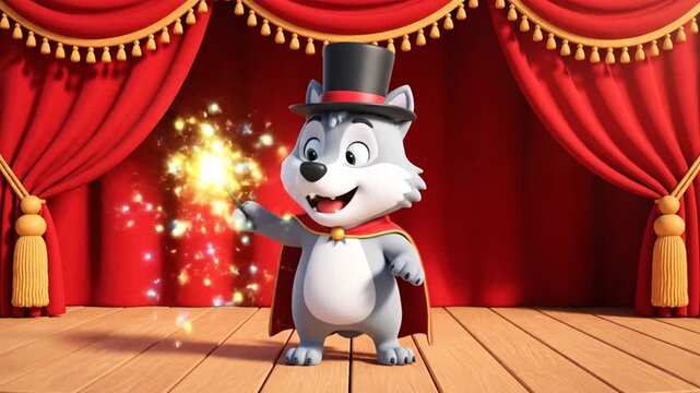 cheerful cartoon wolf magician performing magic on stage