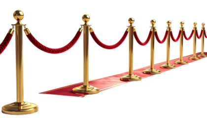 Red Carpet Affair: A vibrant red carpet, meticulously cordoned off by elegant golden stanchions, inviting an air of exclusivity and anticipation, ready for the grand occasion.