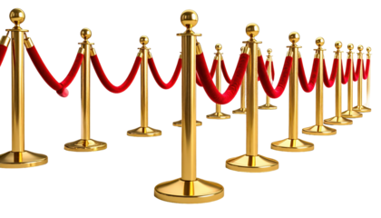 Elegance of the Red Carpet: A sequence of golden stanchions connected by velvety red ropes creates an alluring pathway, evoking exclusivity and anticipation for a momentous occasion.