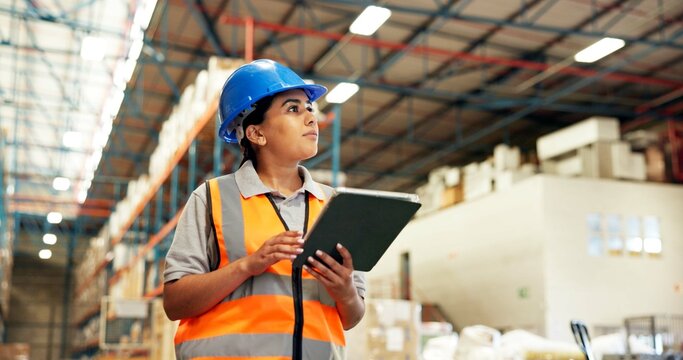 Warehouse, supervisor and woman with tablet, logistics and stock inventory with web or supply chain. Shipping, factory and person with tech for quality assurance, think and planning for distribution - Powered by Adobe