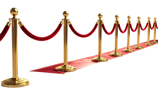 Red Carpet Affair: A vibrant red carpet, meticulously cordoned off by elegant golden stanchions, inviting an air of exclusivity and anticipation, ready for the grand occasion.