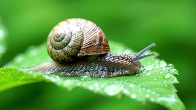Illustrate a snail slowly emerging from its shell after a gentle rain shower, with raindrops glistening on its antennae and the surrounding lush vegetation.