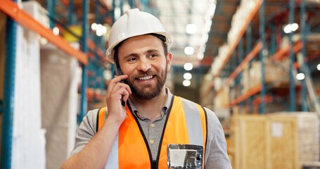 Supply chain, phone call and man in warehouse, logistics and schedule for cargo shipping. Person,...
