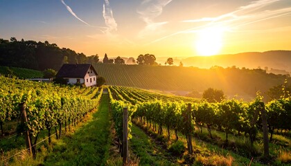 Scenic golden hour shot of a vineyard with a small house