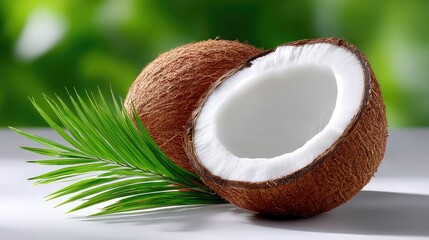 Whole coconut fruit and half coconut showing white flesh and brown textured shell with green palm frond on a white surface with blurred green foliage background soft natural lighting