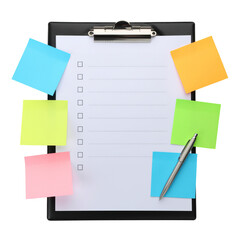 A clipboard with a checklist, colorful sticky notes, and a pen on a white background.