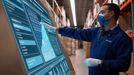 A man in a mask working on a futuristic interface in a warehouse. This scene is likely taking place during a global health crisis. Stock Video - Powered by Adobe
