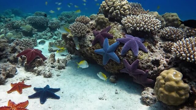 An artistic, high angle perspective of multiple starfish arranged naturally on a textured ocean floor, creating an organic, symmetrical pattern of natural forms.