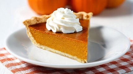 Slice of pumpkin pie isolated on transparent background with whipped cream topping on white plate