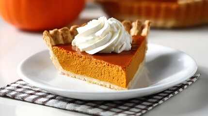 Slice of pumpkin pie topped with whipped cream on a white plate