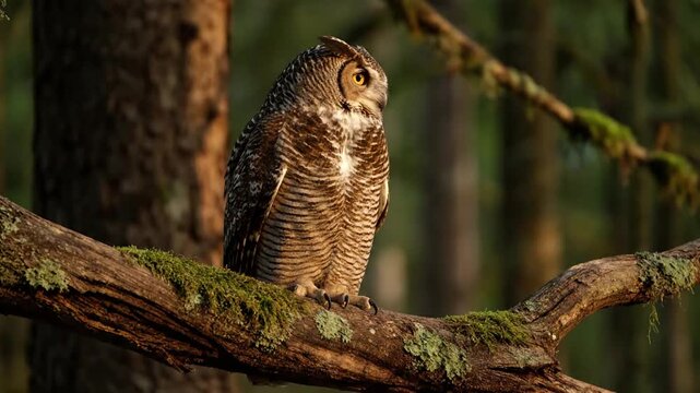 Twilight's solitary dweller: Capturing the serene yet intense existence of an owl adapted to the quiet beauty of dusk. nocturnal adaptation owl, wildlife, nature, nocturnal, bird of prey, forest,?