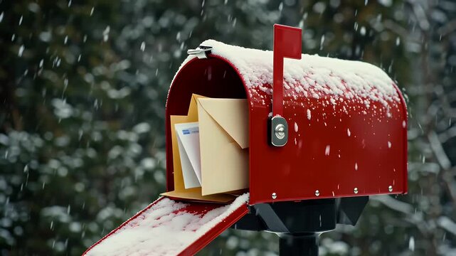 A bright red mailbox with snow-dusted lid and a letter peeking out in a wintry yard by snowy evergreens