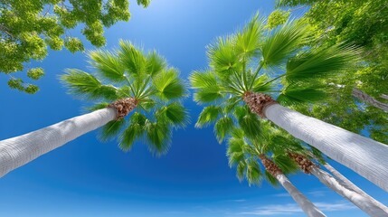 Looking Up At Tall Palm Trees With Lush Green Fronds Reaching Towards A Clear Bright Blue Sky On A Sunny Day