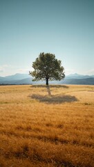 Majestic lone oak tree casts a long shadow across a golden, sun drenched meadow with distant hazy mountains under a clear blue sky