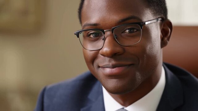 A man portrait with glasses looking at camera, exudes an aura of professional competence. His composed expression and sharp appearance convey trustworthiness and capability Stock Video