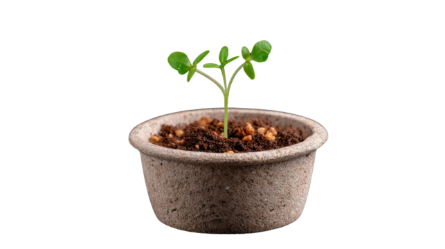 Seedling of Life: A vibrant seedling, a symbol of growth and potential, sprouts from rich soil within a sustainable pot, symbolizing new beginnings and the promise of a thriving future.