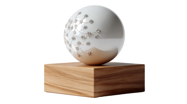 Artistic Sphere Sculpture on Wooden Base: A pristine white sphere, adorned with a delicate design, rests elegantly upon a natural wooden base, creating a harmonious blend of art and nature.