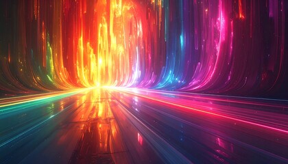 A vibrant abstract scene of flowing light trails and reflections, creating a curved horizon with a captivating display of colorful energy