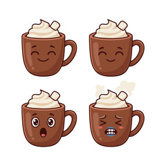 Set of four cute hot chocolate or cocoa mug cartoon characters with whipped cream and marshmallow, displaying expressions of happiness, contentment, surprise, and a painful hot temperature reaction.