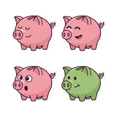 Set of four cute cartoon piggy bank characters with different facial expressions: peaceful, cheerful, surprised, and one green colored happy pig