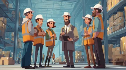 Animation of Anime Diverse Group of Factory Engineers Having Morning Briefing with Manager in Industrial Warehouse	 - Powered by Adobe