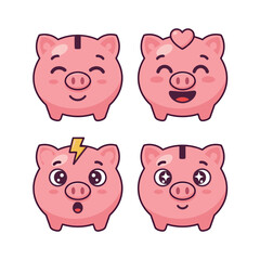 Set of four cute cartoon piggy bank faces with various expressions: content, in love with heart halo, shocked by lightning, and excited with sparkle eyes
