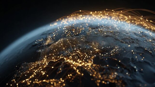 Global Network: A striking visualization of the globe at night, interconnected by a luminous web representing the flow of global communication and data. Evoking a sense of interconnectedness.