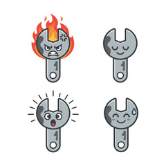 Set of four cartoon wrench tool characters with various exaggerated expressions: angry with fire, peaceful, surprised/shocked, and happy/blushing