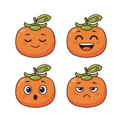 Set of four cute cartoon persimmon fruit characters with various facial expressions: peaceful, laughing happy, surprised/shocked, and grumpy/disappointed