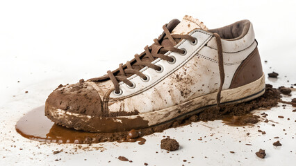 A shoe covered in mud, with white background
