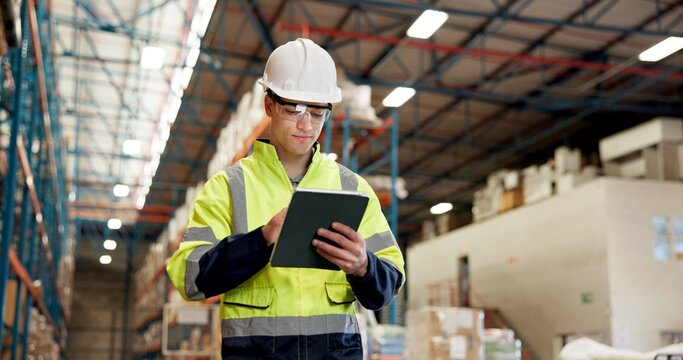 Businessman, logistics and checking inventory with tablet in warehouse for supply chain or stock. Man, distributor or supplier with technology for storage maintenance or quality control in depot