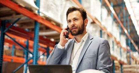 Supply chain, phone call and man in warehouse, distribution and schedule for cargo shipping....