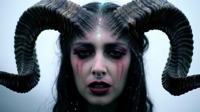 Demon woman with horns, looking at camera, against cloudy background, usable for fantasy concepts