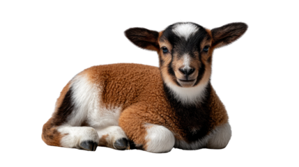 Adorable Goat Kid: A close-up shot of an adorable baby goat, with soft fur in shades of brown and white, rests peacefully, exuding an air of gentle serenity.