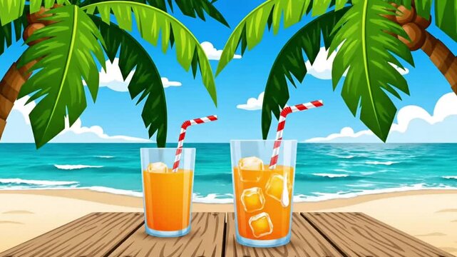 Tropical Drinks on Wooden Table at Sunny Beach with Palm Trees and Ocean View