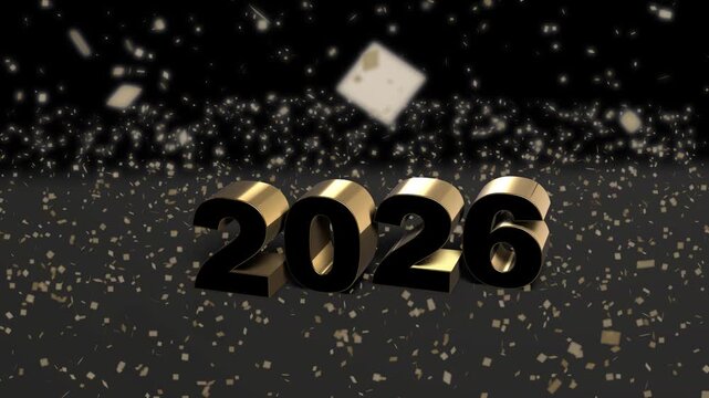 Happy New Year 2026 background with glowing golden text and sparkles on dark bac