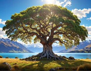 Obraz premium A majestic, old tree with sprawling branches and exposed roots stands by tranquil water, mountains in background, under a sunny sky