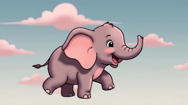 Adorable Cartoon Baby Elephant Walking Through a Sky with Pink Clouds