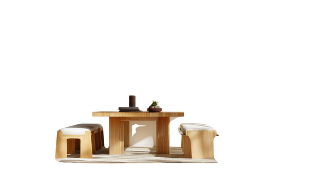 Minimalist Tea Ceremony: A serene setup for a traditional tea ceremony featuring a wooden table, two simple stools, and essential tea-making items. The image evokes a sense of calm and ritual.