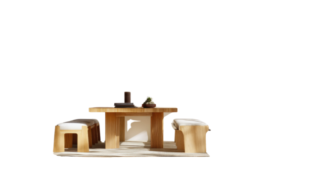 Minimalist Tea Ceremony: A serene setup for a traditional tea ceremony featuring a wooden table, two simple stools, and essential tea-making items. The image evokes a sense of calm and ritual.
