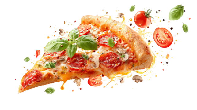 Pepperoni pizza slice isolated on transparent background PNG image  - Powered by Adobe